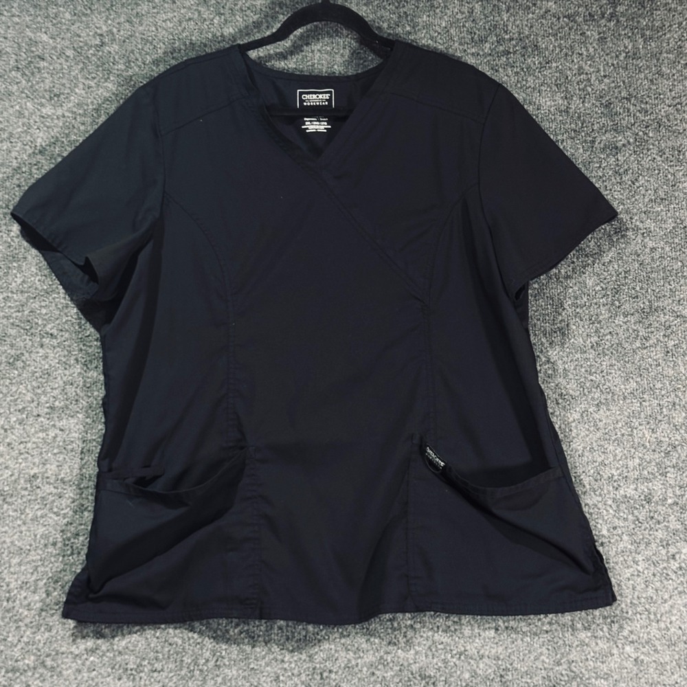Cherokee Workwear Revolution Scrub Top Womens 2XL Black Excellent Mock Wrap
